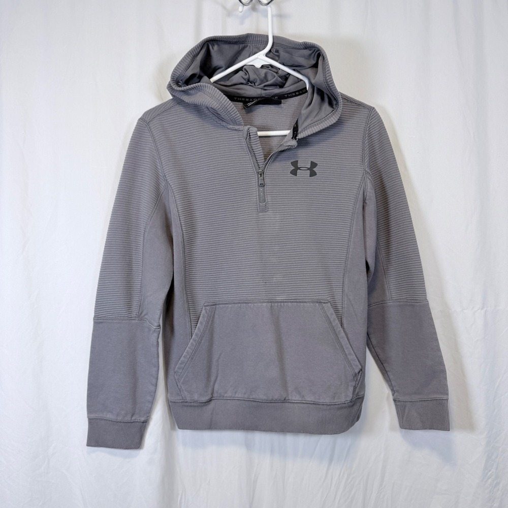 Under Armour Hoodie Quarter Zip Gray Ribbed Texture Kangaroo Pocket Size YLG